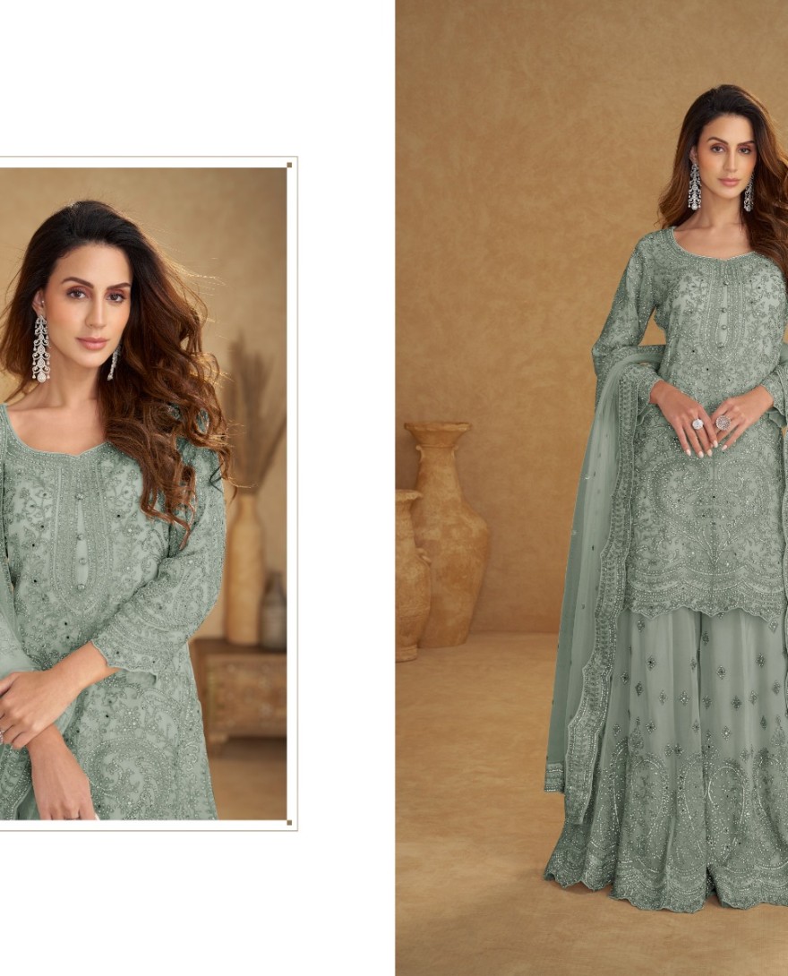8113-A - Net Mint Green Embroidered Wedding Palazzo Suit